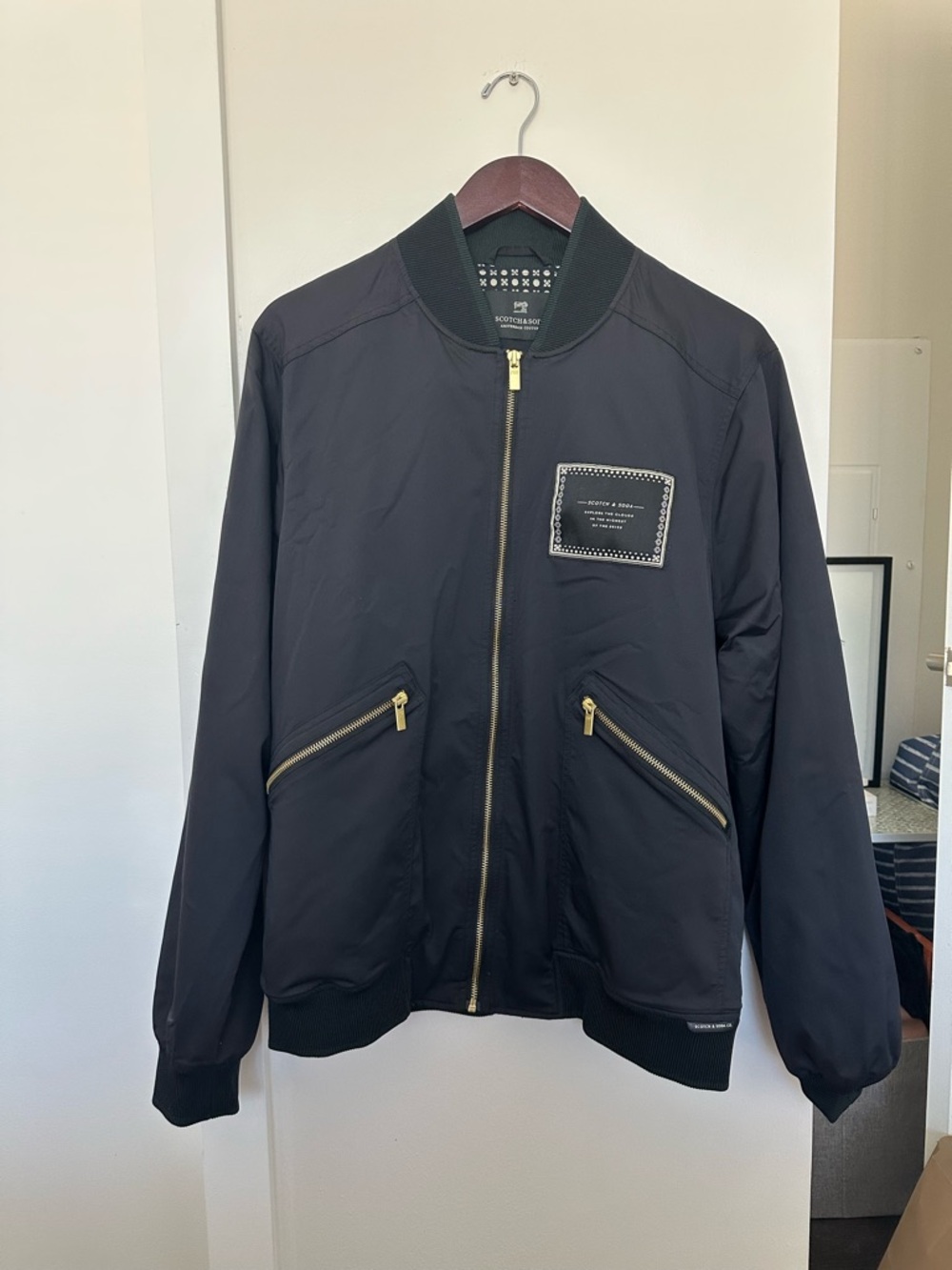 Scotch & Soda Black Bomber Jacket Mens Large Gold Zip Pattern Lined